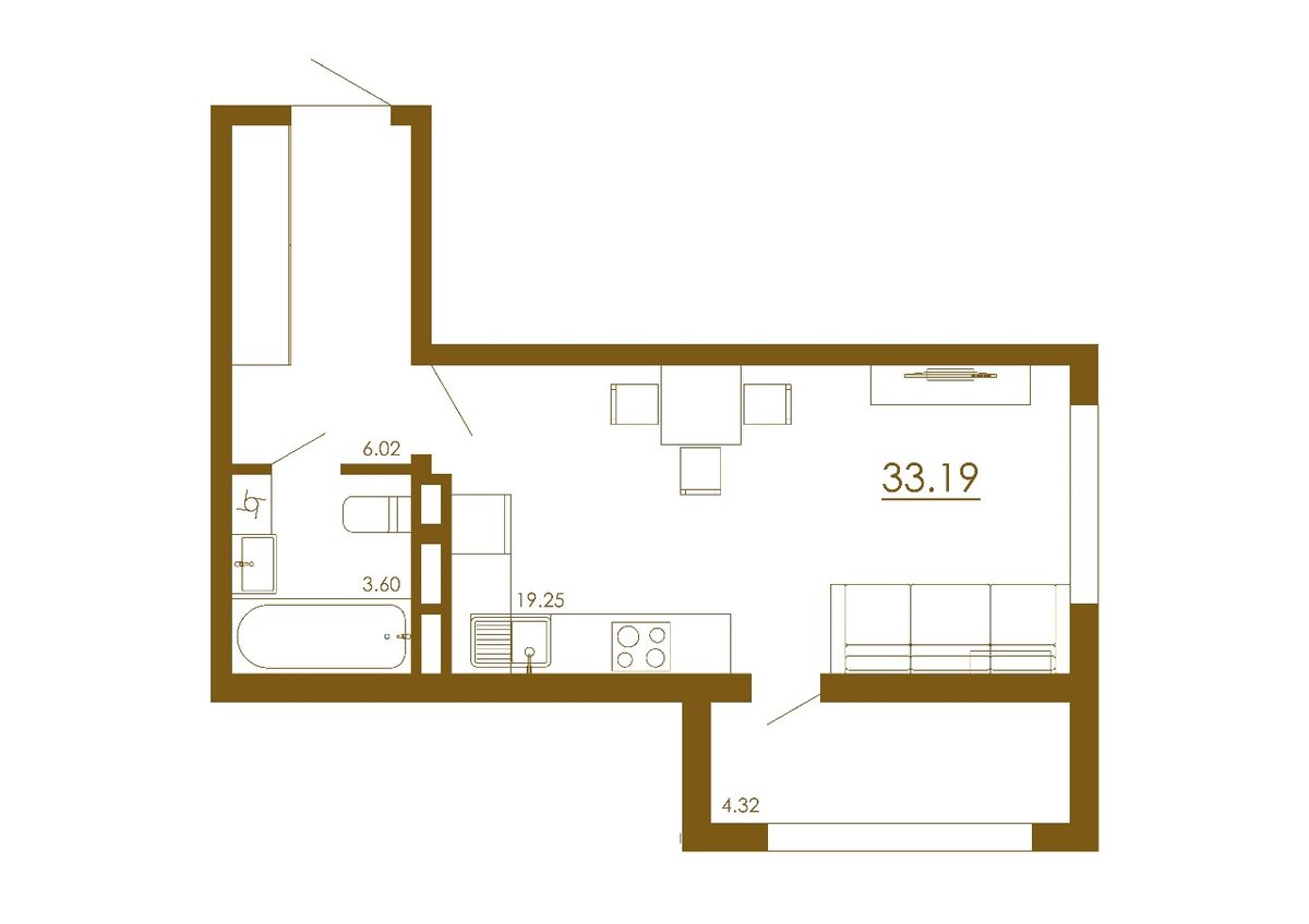 1-комнатная 33,19 м²