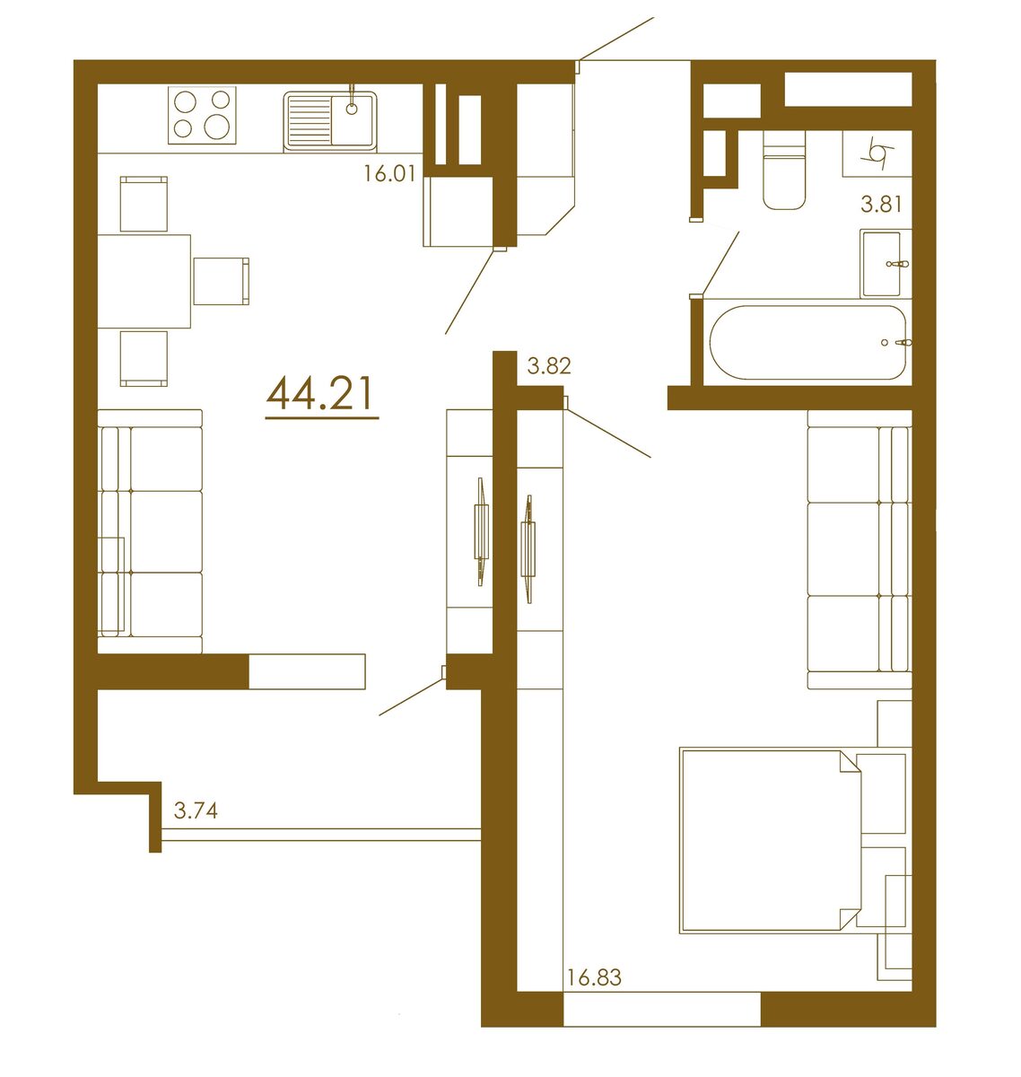 1-комнатная 44,21 м²
