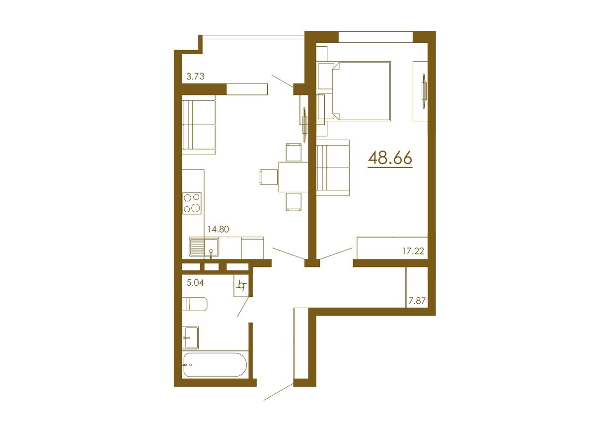 1-комнатная 48,66 м²