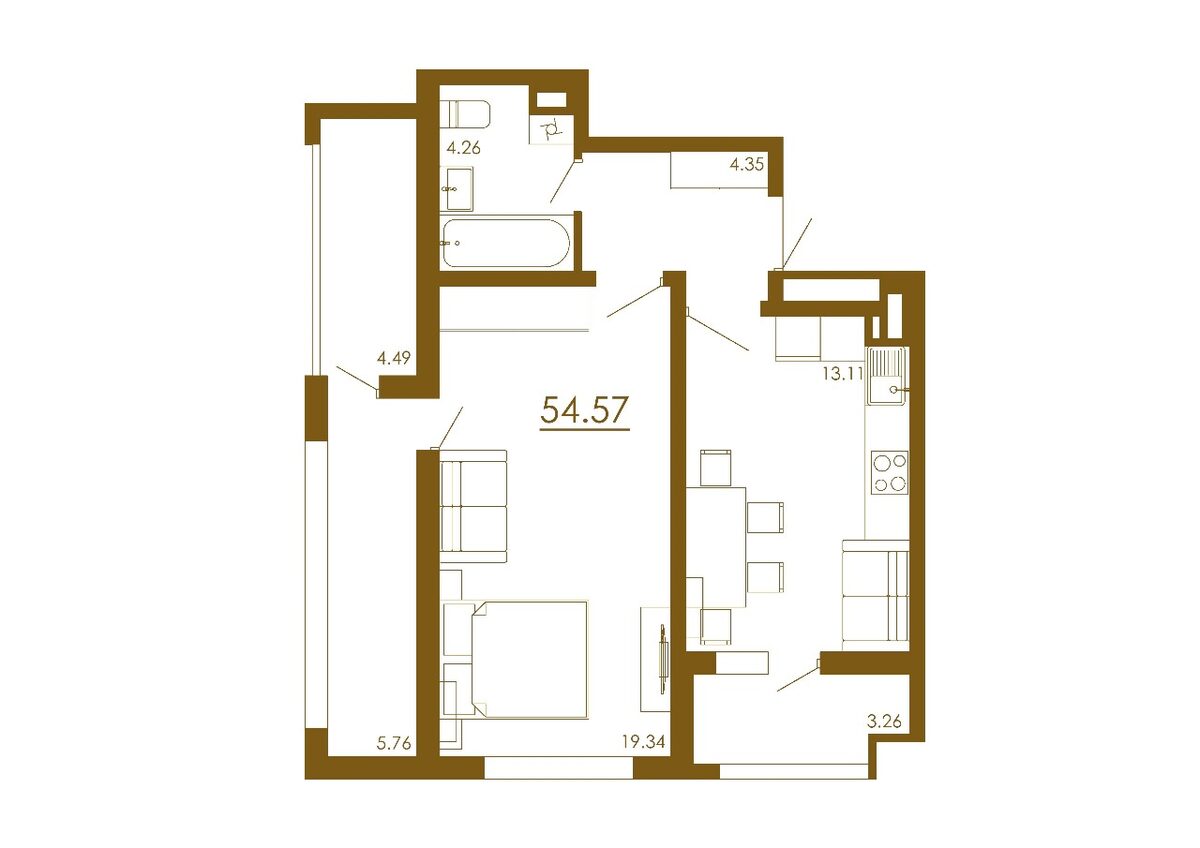 1-комнатная 54,57 м²