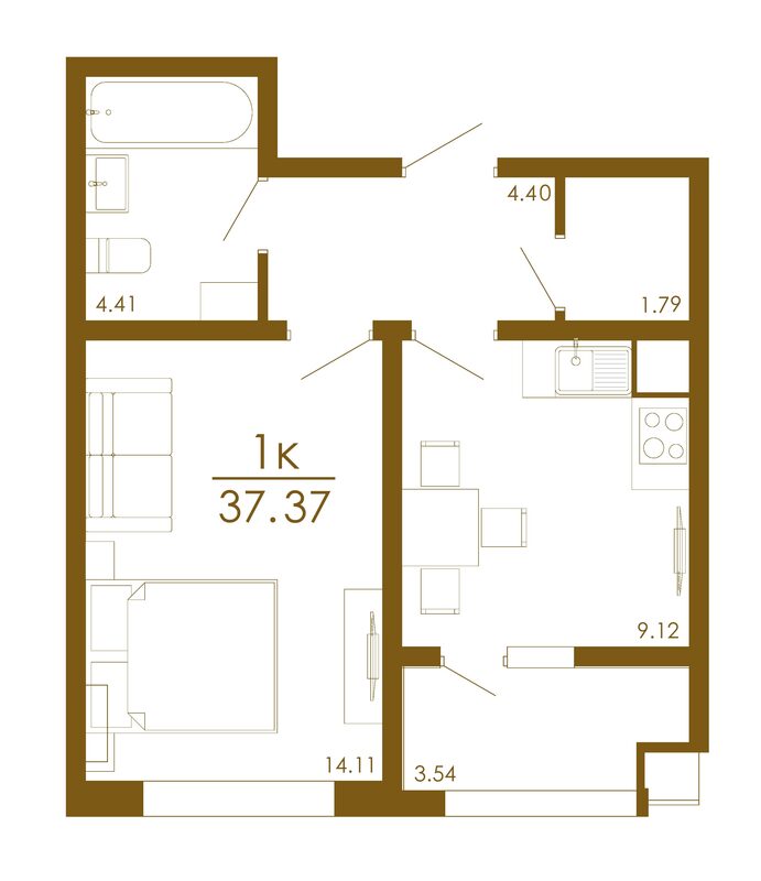 Планировка 1-комнатной квартиры от 33 до 55 м²