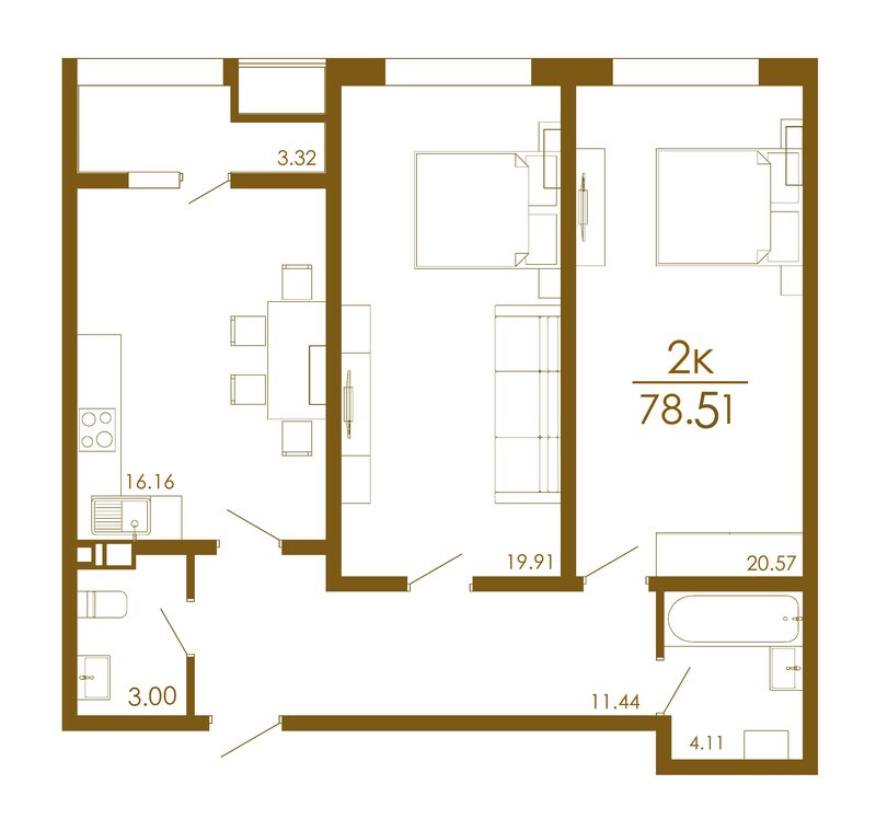Планировка 2-комнатной квартиры от 52 до 79 м²